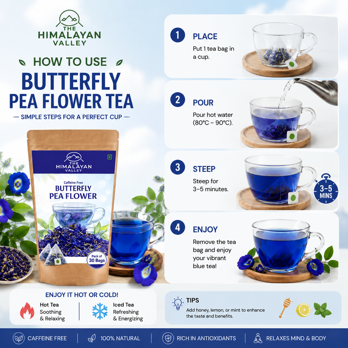 The Himalayan Valley Butterfly Pea Flower Powder Blue Bags (30 Bags)