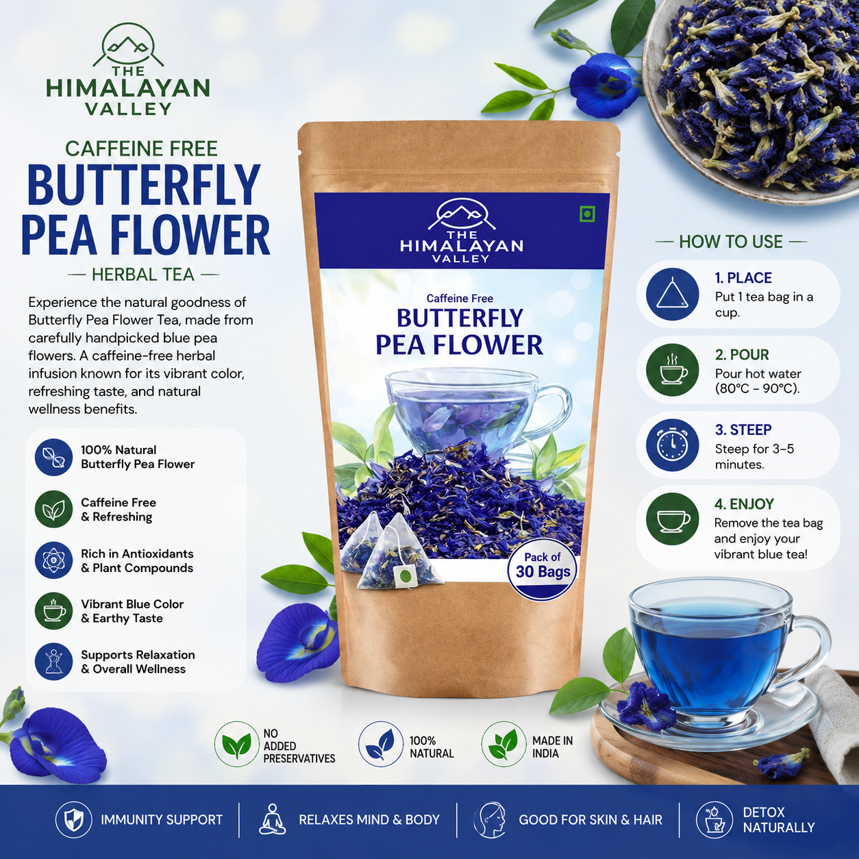 The Himalayan Valley Butterfly Pea Flower Powder Blue Bags (30 Bags)